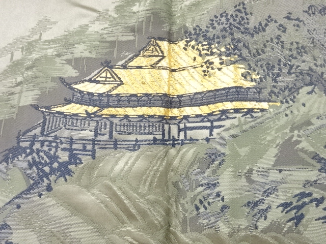 アンティーク　寺院風景模様織り出し緞子肩裏手織り紬男物羽織